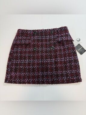 Forever 21 Burgundy and Lavender Plaid Tweed Mini Skirt broken zipper NWT